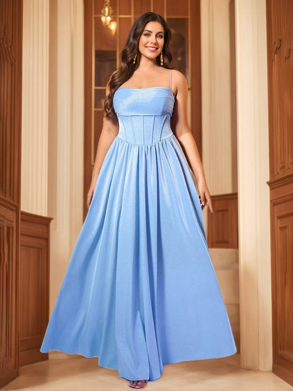 A-Line/Princess Spaghetti Straps Sleeveless Floor-Length Plus Size Prom Dresses With Ruffles