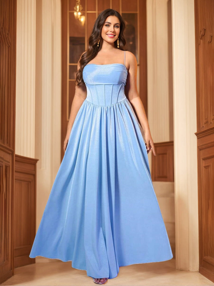 A-Line/Princess Spaghetti Straps Sleeveless Floor-Length Plus Size Prom Dresses With Ruffles
