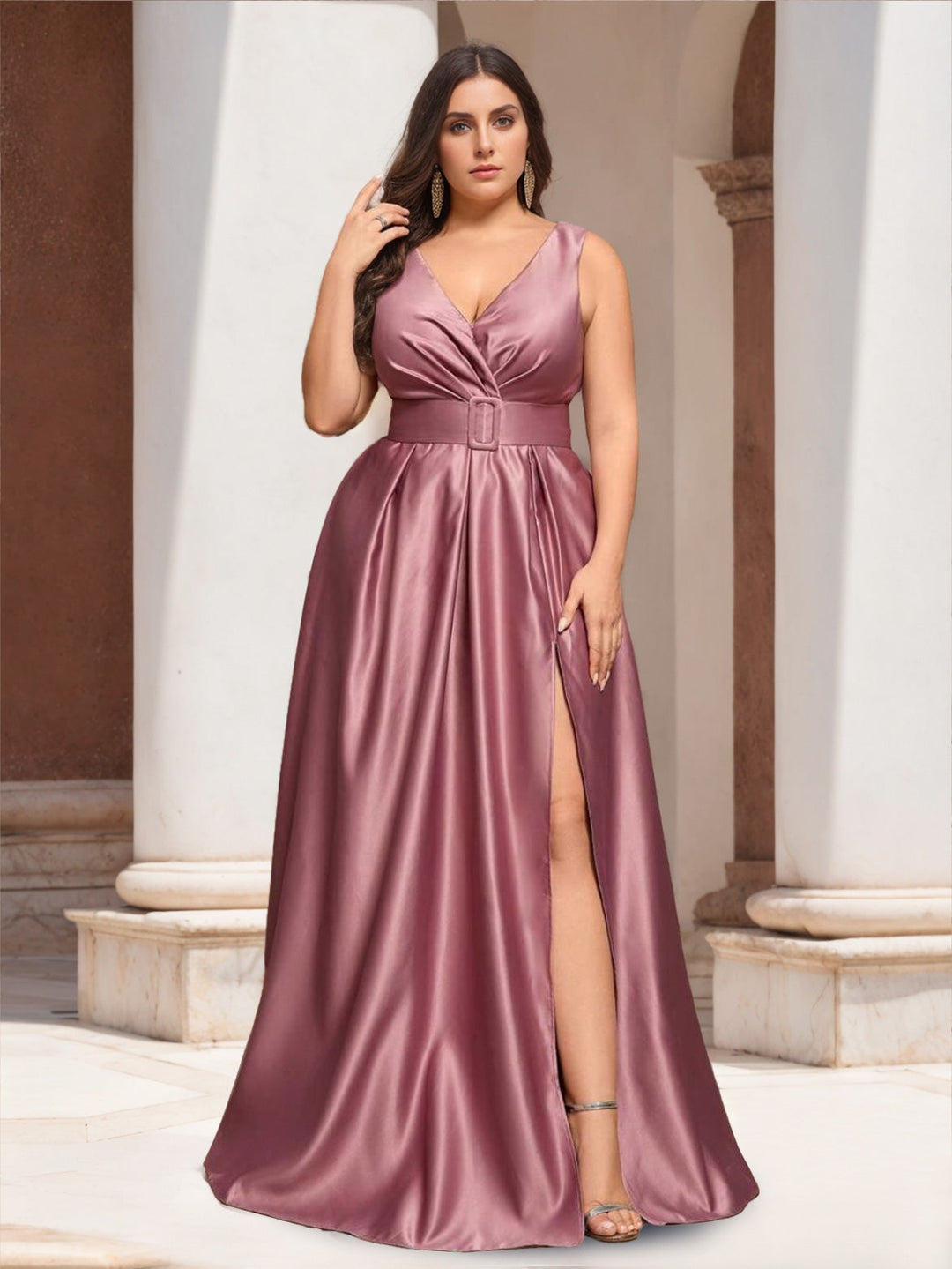 A-Line/Princess V-Neck Sleeveless Floor-Length Plus Size Prom Dresses With Ruffles & Split Side