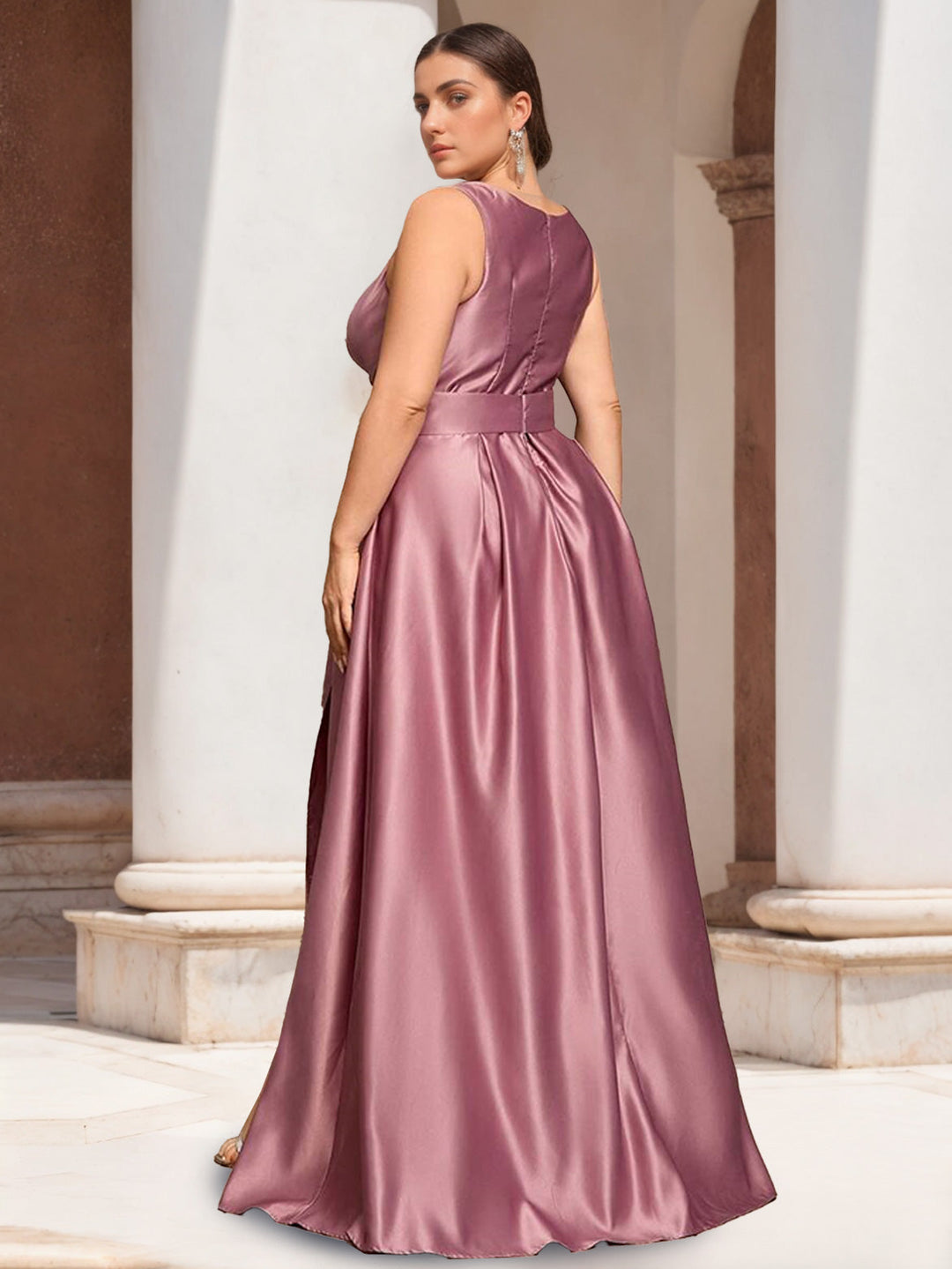 A-Line/Princess V-Neck Sleeveless Floor-Length Plus Size Prom Dresses With Ruffles & Split Side