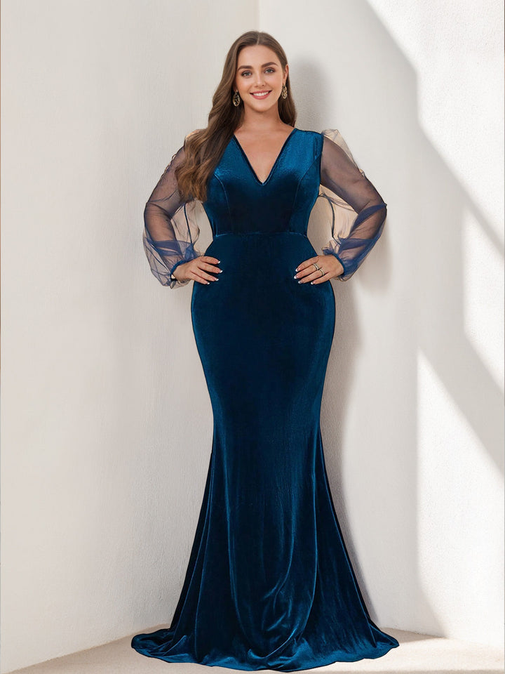 Sheath/Column V-Neck Long Sleeves Floor-Length Plus Size Prom Dresses