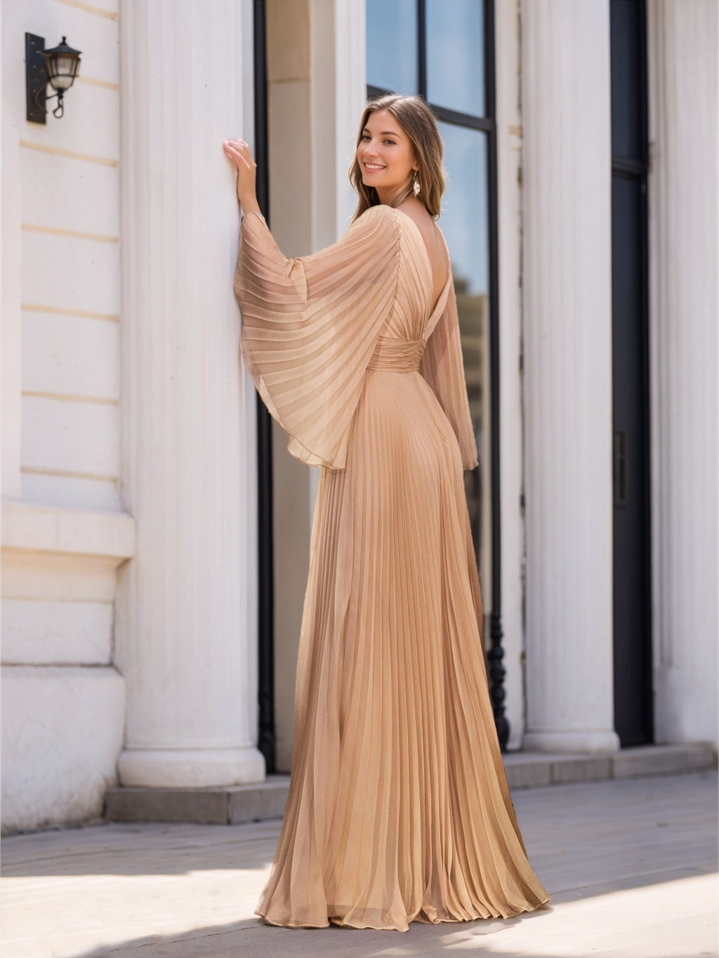 A-Line/Princess Deep V-Neck Long Sleeves Floor-Length Plus Size Prom Dresses With Ruffles
