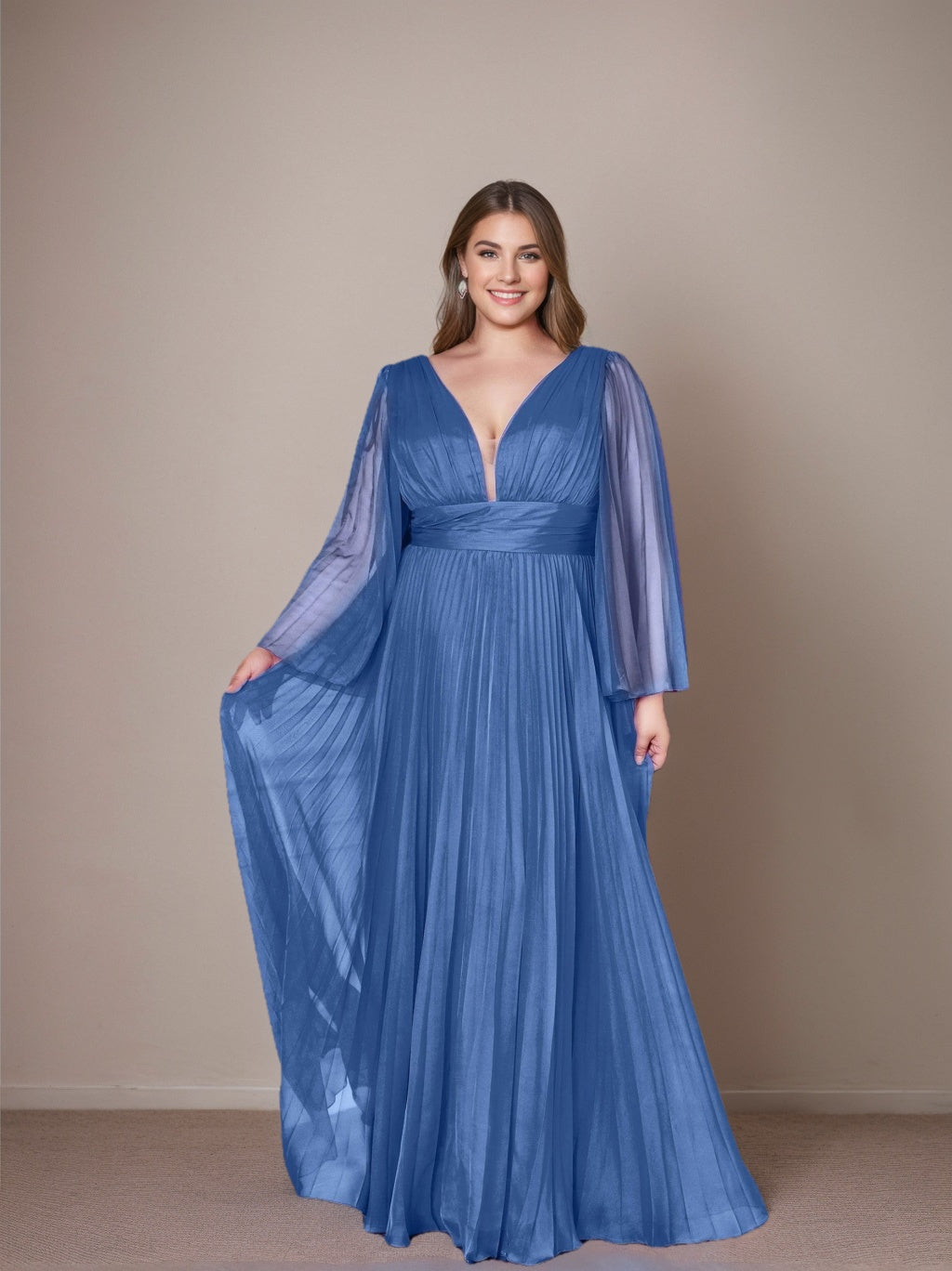 A-Line/Princess Deep V-Neck Long Sleeves Floor-Length Plus Size Prom Dresses With Ruffles