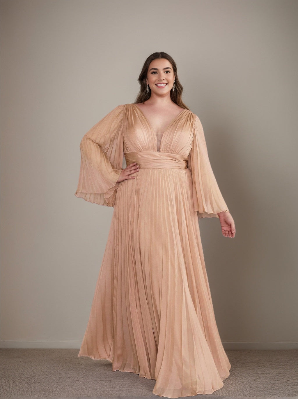 A-Line/Princess Deep V-Neck Long Sleeves Floor-Length Plus Size Prom Dresses With Ruffles