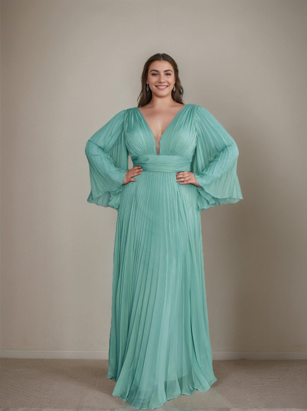 A-Line/Princess Deep V-Neck Long Sleeves Floor-Length Plus Size Prom Dresses With Ruffles