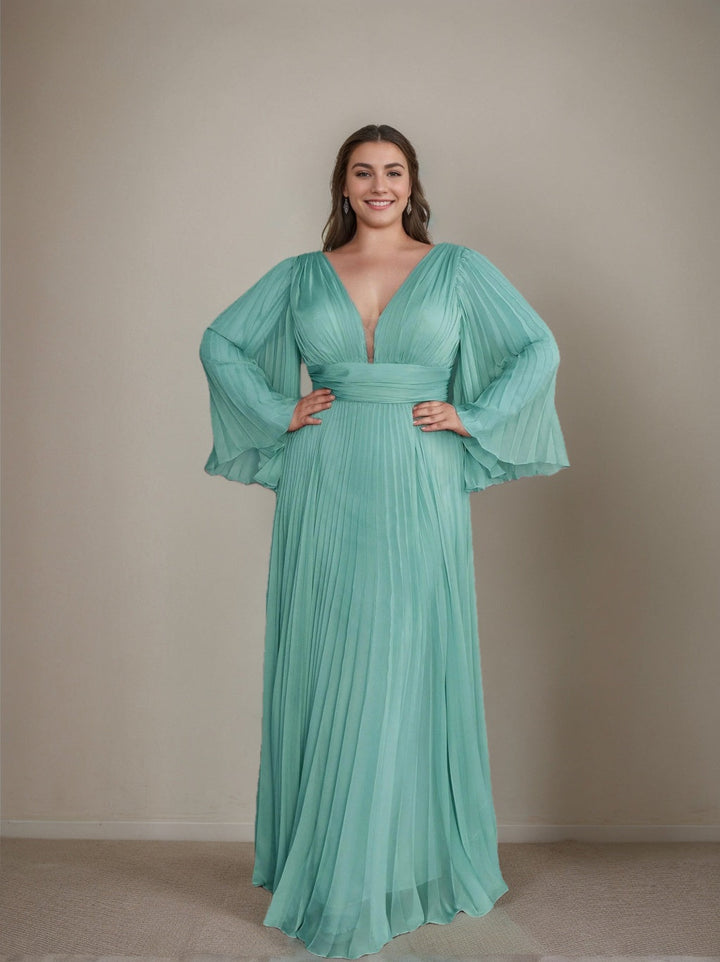 A-Line/Princess Deep V-Neck Long Sleeves Floor-Length Plus Size Prom Dresses With Ruffles