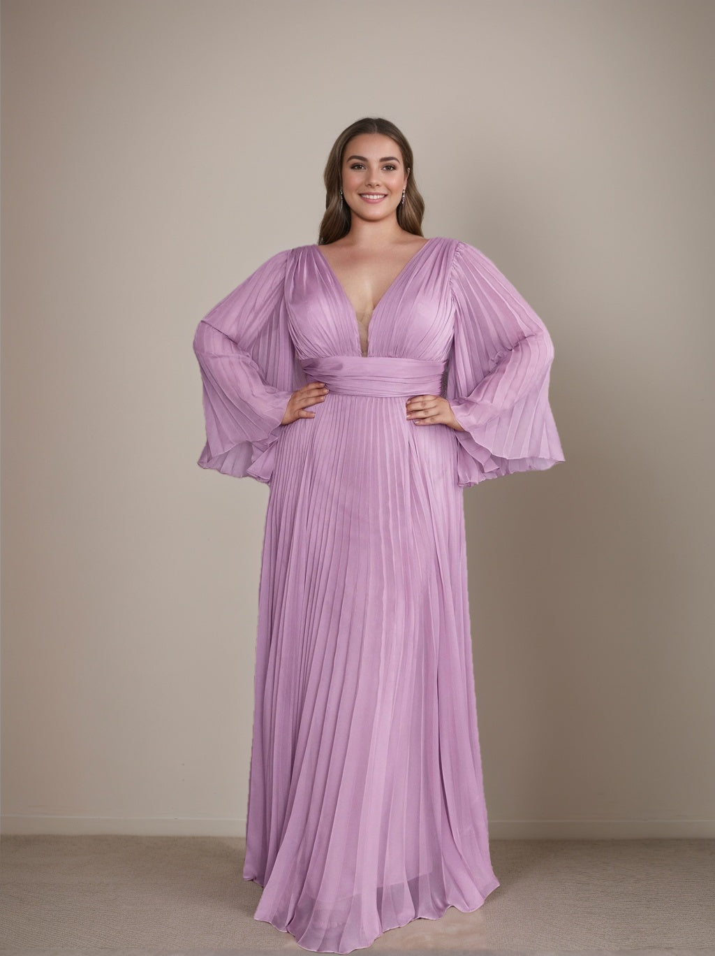 A-Line/Princess Deep V-Neck Long Sleeves Floor-Length Plus Size Prom Dresses With Ruffles