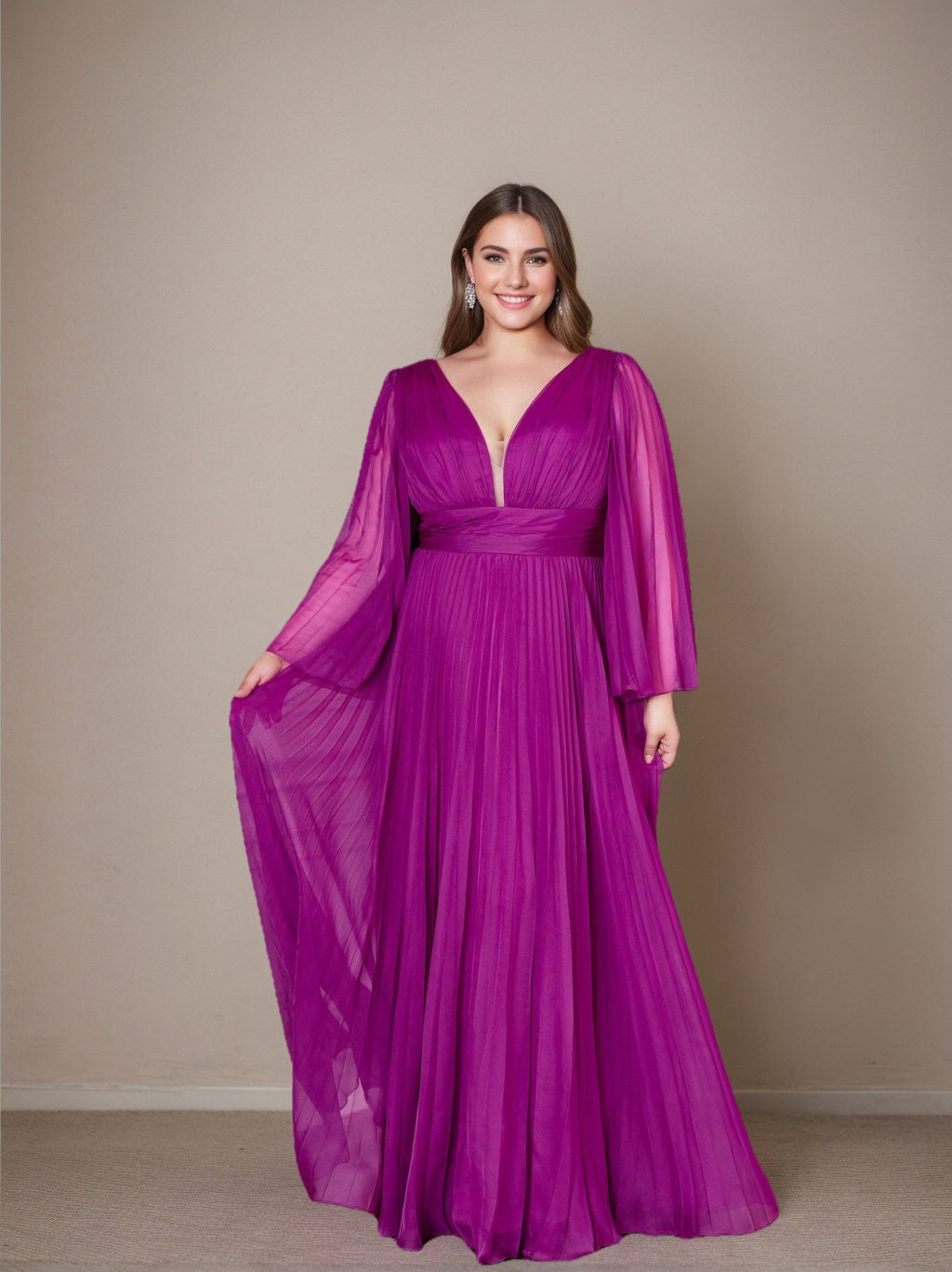 A-Line/Princess Deep V-Neck Long Sleeves Floor-Length Plus Size Prom Dresses With Ruffles