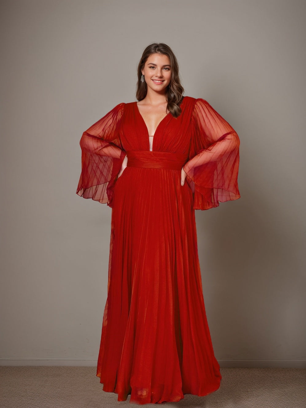 A-Line/Princess Deep V-Neck Long Sleeves Floor-Length Plus Size Prom Dresses With Ruffles