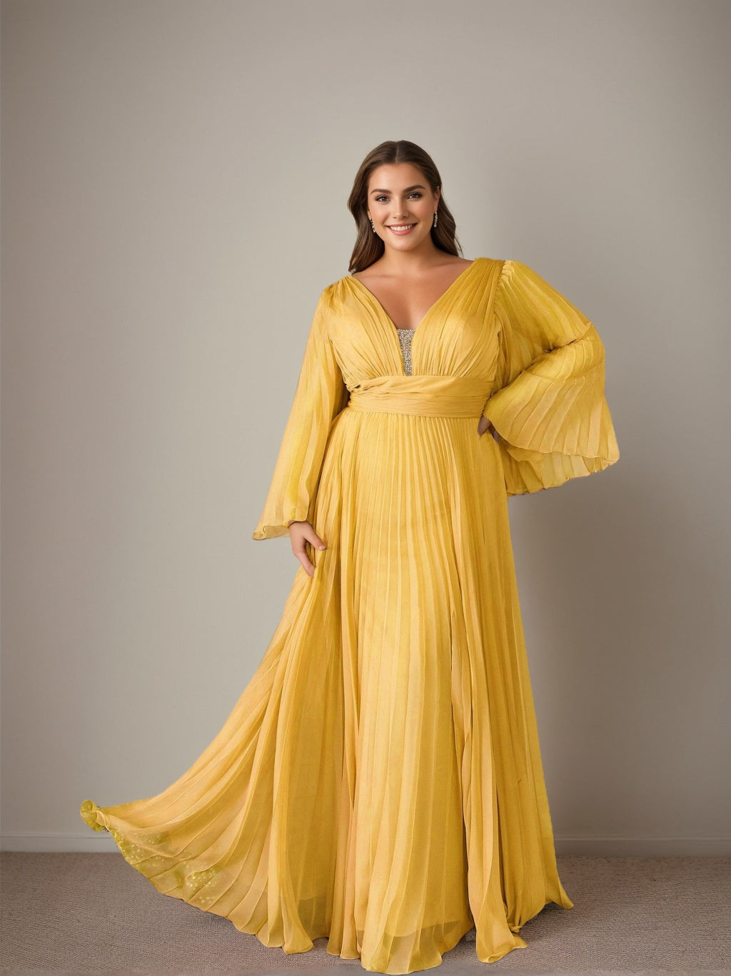 A-Line/Princess Deep V-Neck Long Sleeves Floor-Length Plus Size Prom Dresses With Ruffles