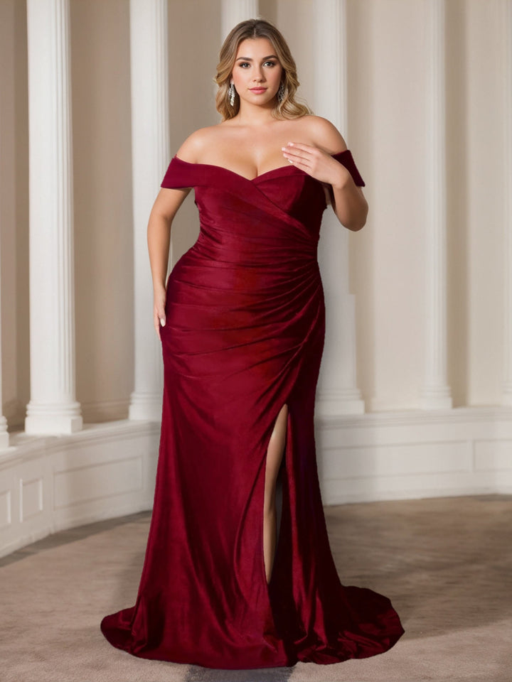 Sheath/Column Off-the-Shoulder Sleeveless Floor-length Plus Size Prom Dresses with Ruffles