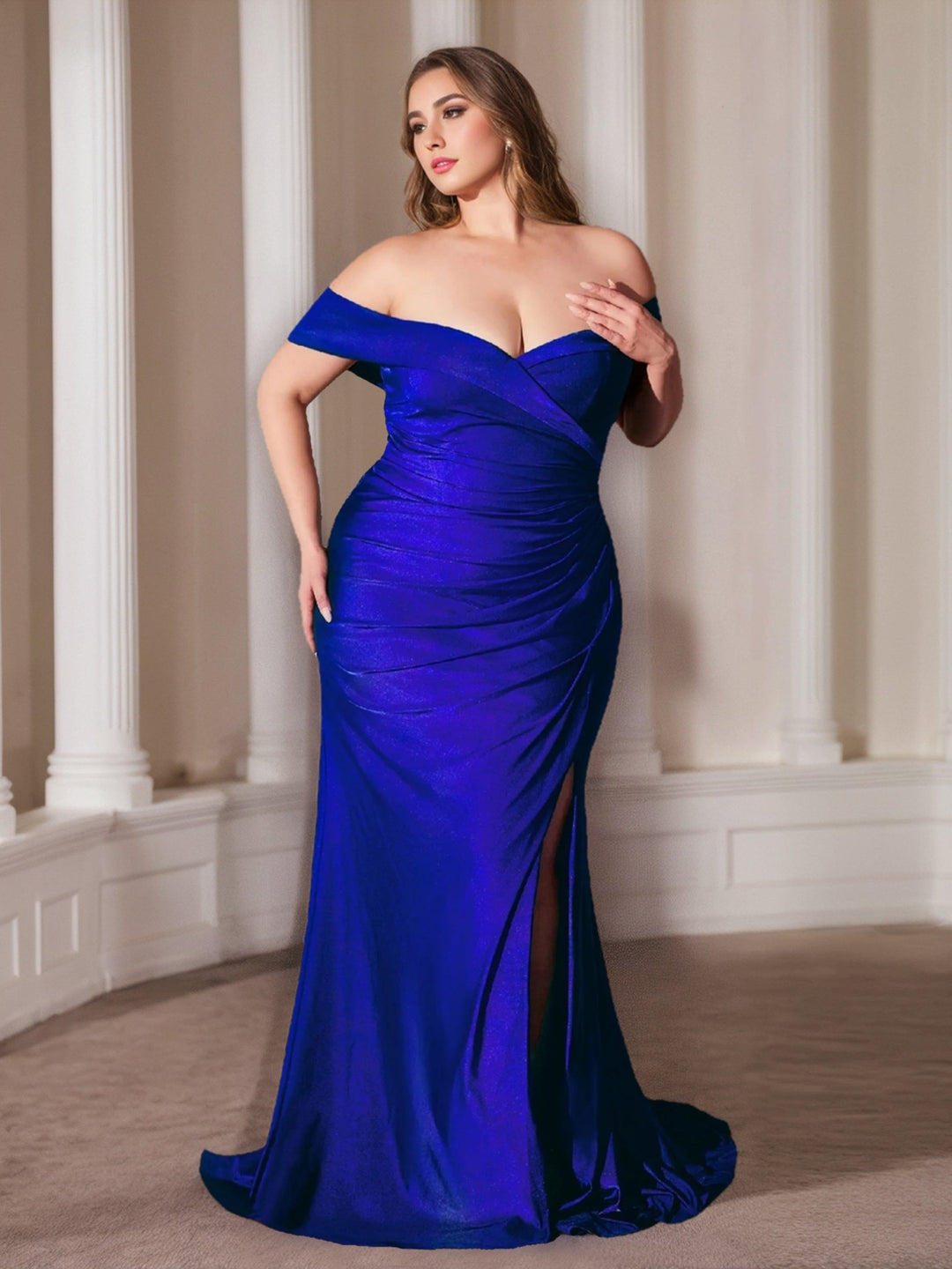 Sheath/Column Off-the-Shoulder Sleeveless Floor-length Plus Size Prom Dresses with Ruffles