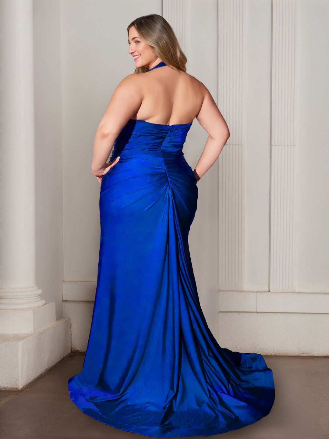 Trumpet/Mermaid Halter Sweetheart Neckline Sleeveless Floor-Length Plus Size Prom Dresses With Split Side and Ruffles