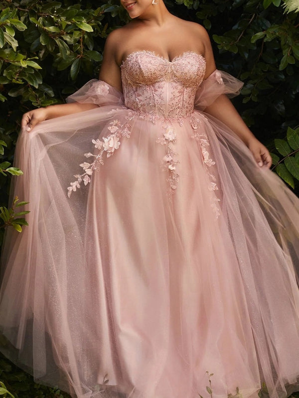Ball Gown Strapless Sleeveless Floor-Length Plus Size Tulle Prom Dresses With Sequins and Appliques