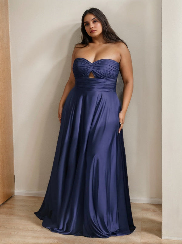 A-Line/Princess Strapless Sleeveless Floor-Length Plus Size Prom Dresses With Ruffles