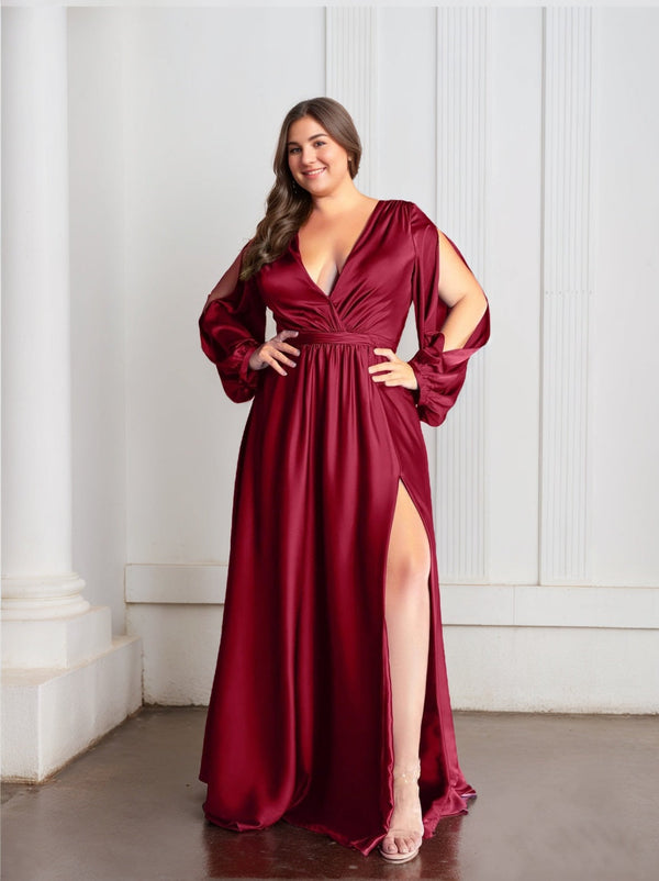 A-Line/Princess Deep V-Neck Long Sleeves Floor-Length Plus Size Prom Dresses With Ruffles and Split Side