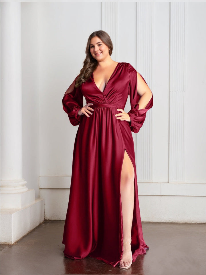 A-Line/Princess Deep V-Neck Long Sleeves Floor-Length Plus Size Prom Dresses With Ruffles and Split Side