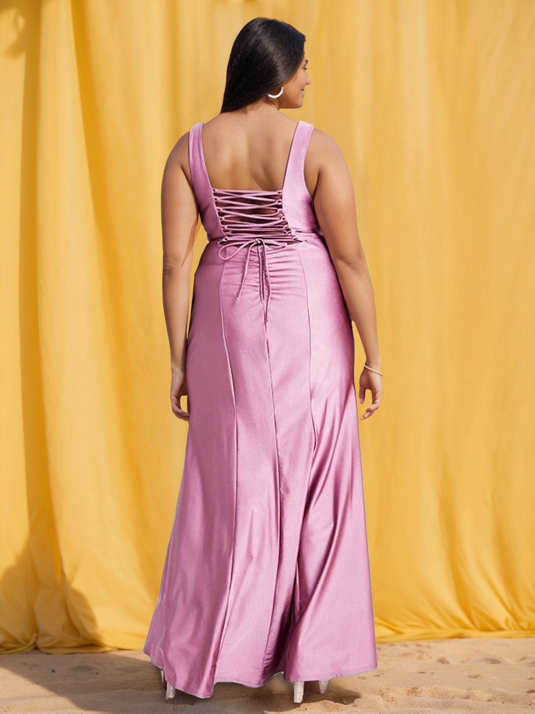 A-Line/Princess Deep V-Neck Sleeveless Ankle-Length Plus Size Prom Dresses With Ruffles