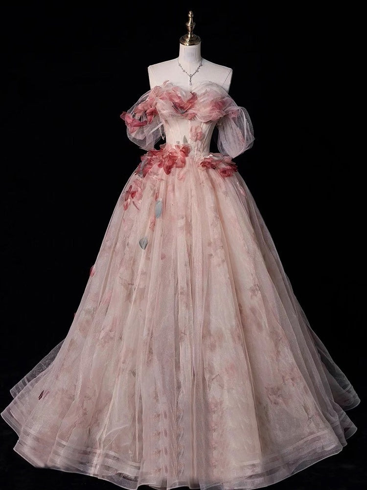 Ball Gown Off-The-Shoulder  Sleeveless Floor-length Floral Long Prom Dresses with Flowers
