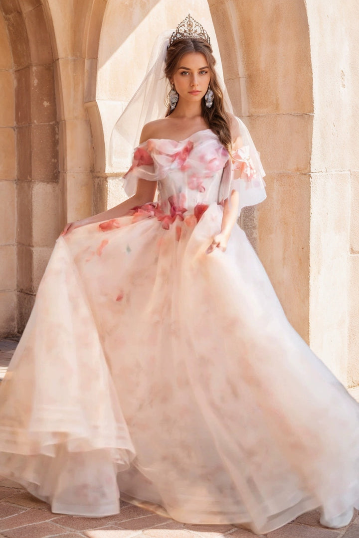 Ball Gown Off-The-Shoulder  Sleeveless Floor-length Floral Long Prom Dresses with Flowers