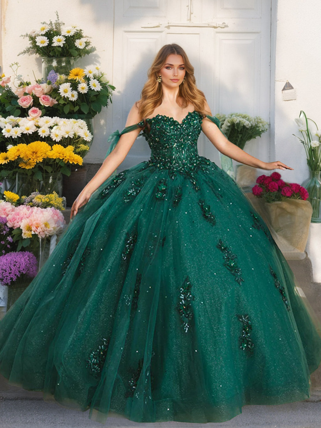 Ball Gown Off-the-Shoulder Sleeveless Floor-length Long Prom Dresses with Sequins