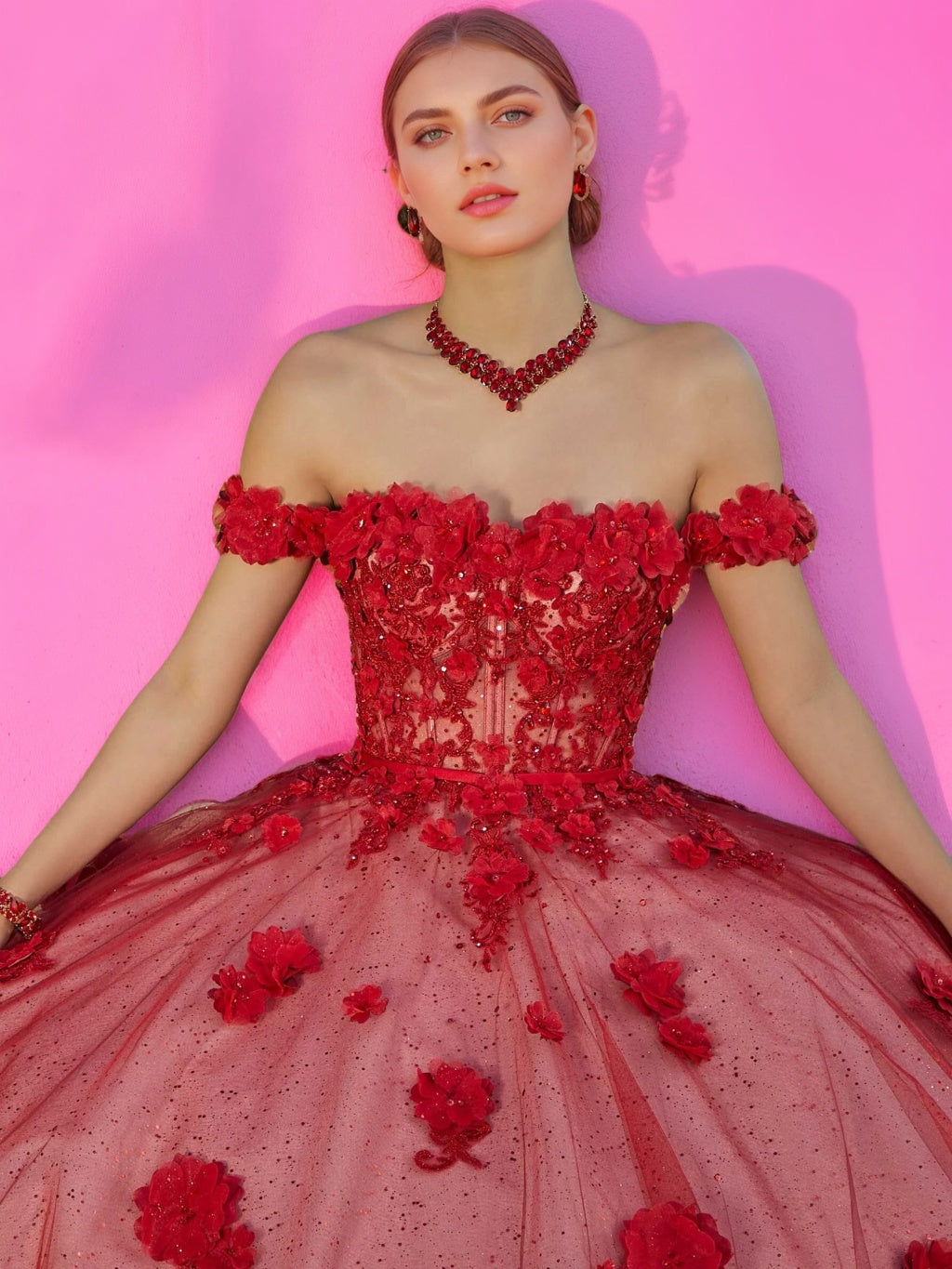 Ball Gown Sweetheart Off-the-Shoulder Sleeveless Floor-length Tulle Long Prom Dresses with Appliques & Flowers