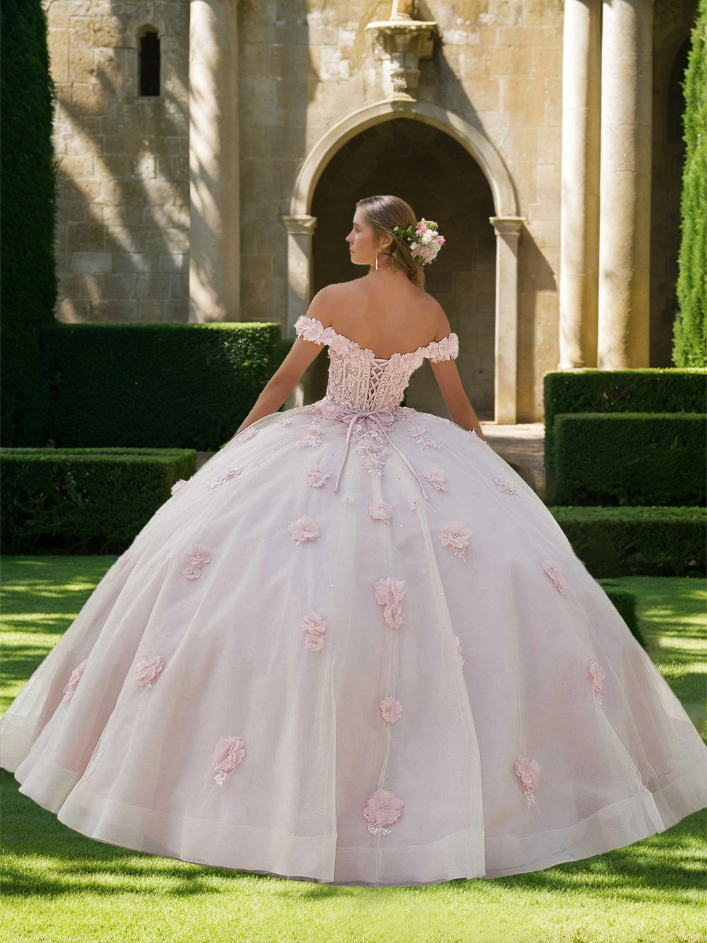 Ball Gown Sweetheart Off-the-Shoulder Sleeveless Floor-length Tulle Long Prom Dresses with Appliques & Flowers