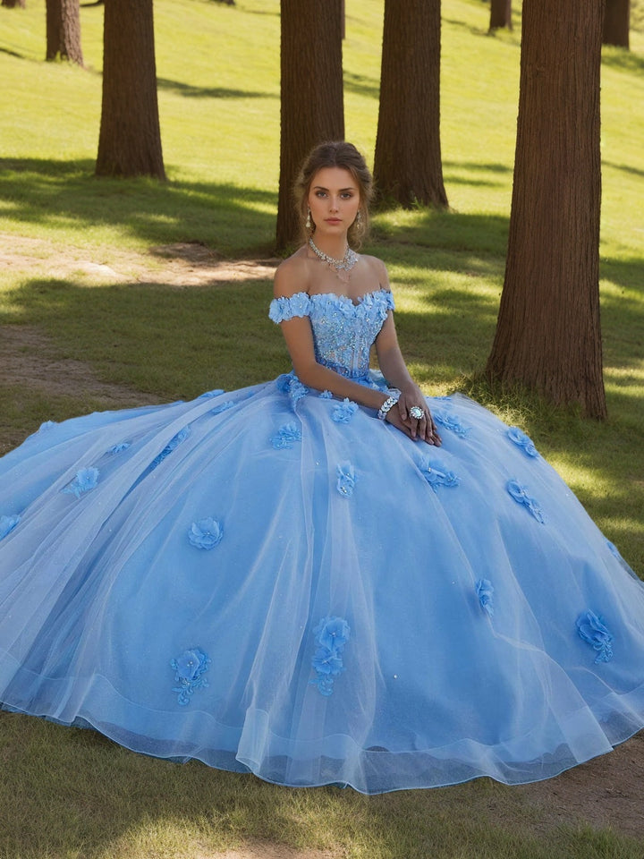Ball Gown Sweetheart Off-the-Shoulder Sleeveless Floor-length Tulle Long Prom Dresses with Appliques & Flowers