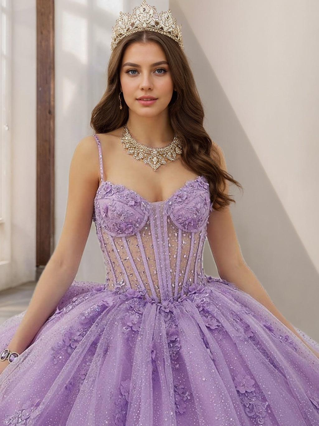 Ball Gown Spaghetti Straps Sleeveless Floor-length Tulle Long Prom Dresses with Beads & Flowers
