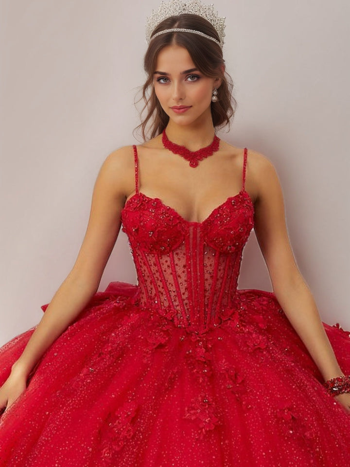 Ball Gown Spaghetti Straps Sleeveless Floor-length Tulle Long Prom Dresses with Beads & Flowers