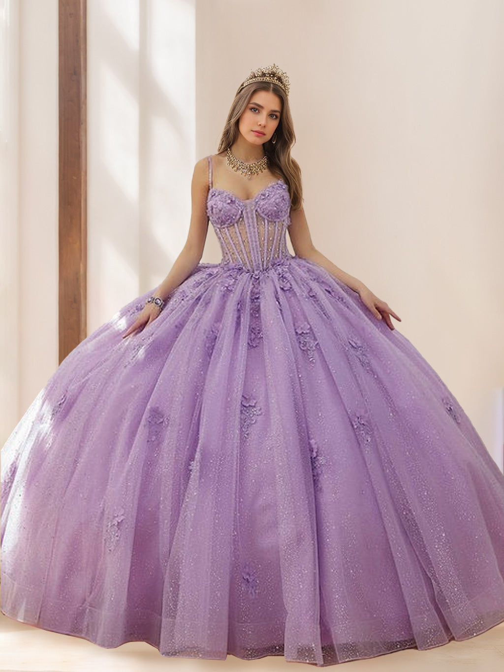 Ball Gown Spaghetti Straps Sleeveless Floor-length Tulle Long Prom Dresses with Beads & Flowers