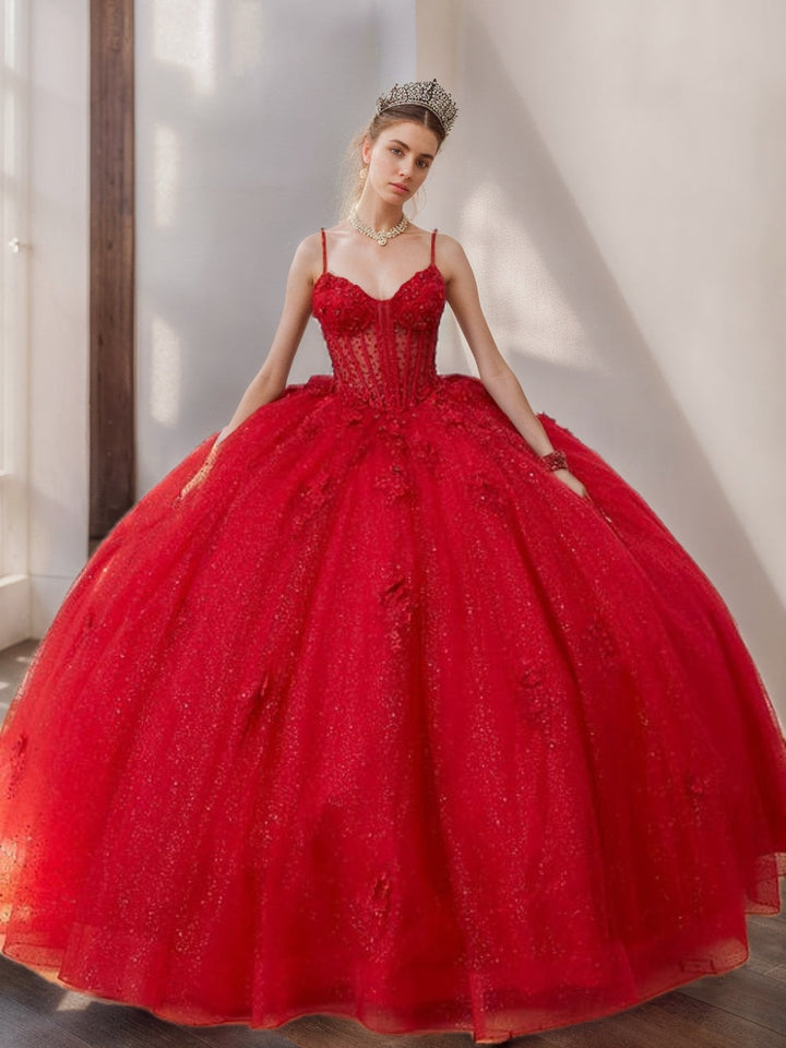 Ball Gown Spaghetti Straps Sleeveless Floor-length Tulle Long Prom Dresses with Beads & Flowers
