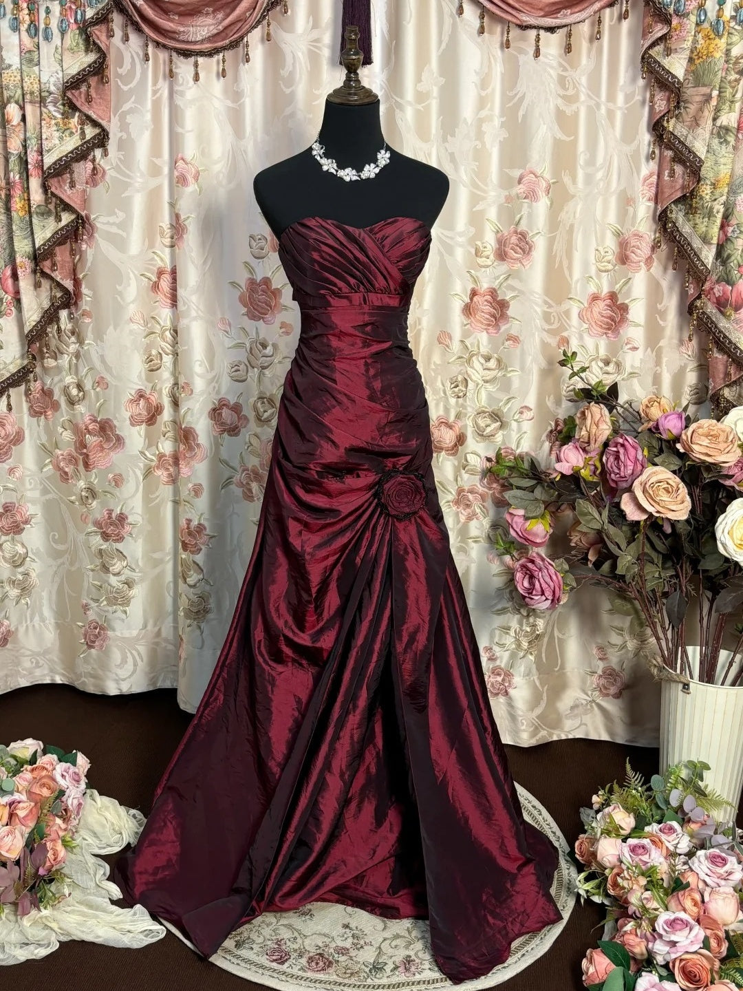 Trumpet/Mermaid Strapless Sleeveless Floor-Length Taffeta Prom Dresses with Flowers & Ruffles