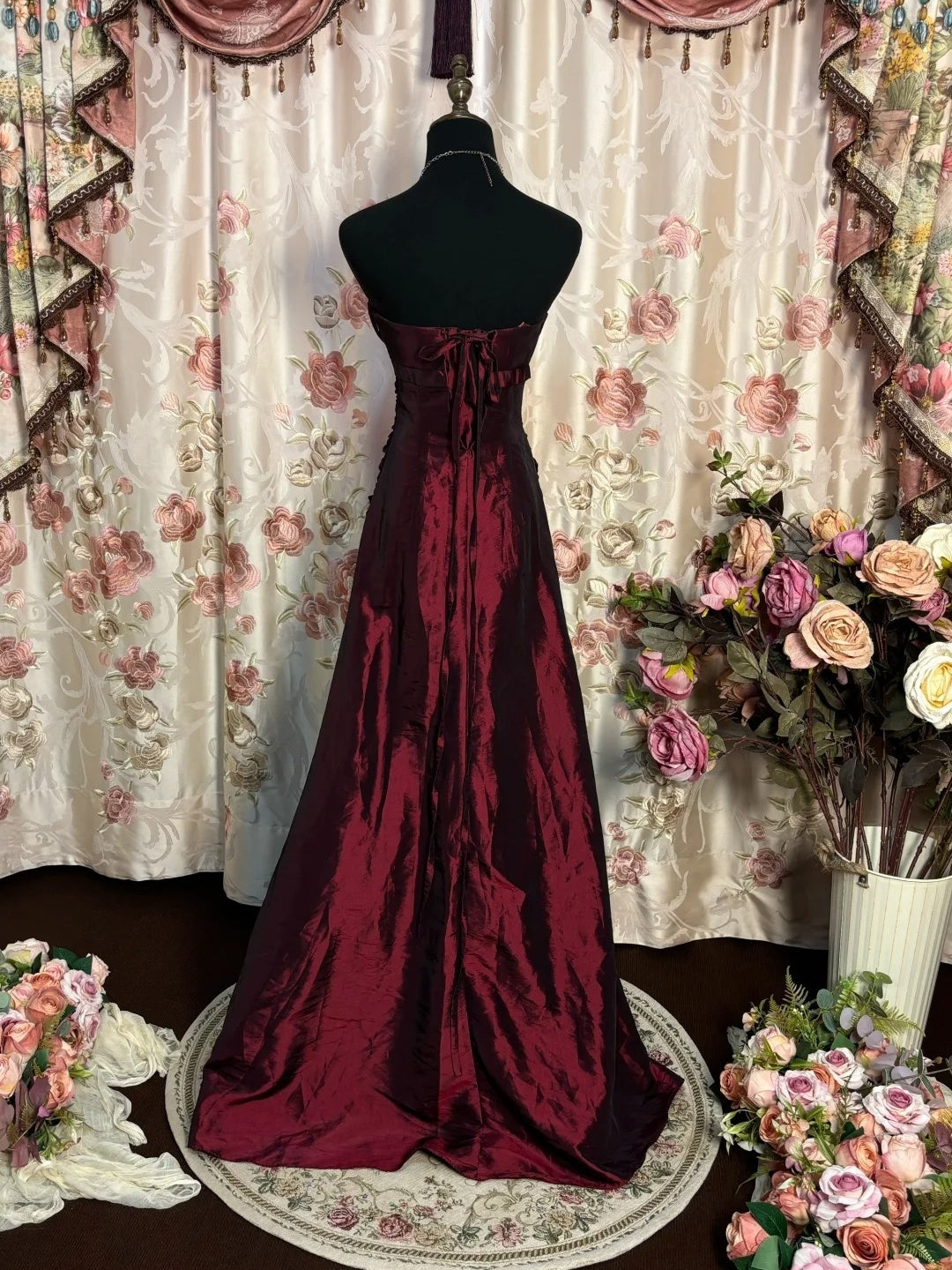 Trumpet/Mermaid Strapless Sleeveless Floor-Length Taffeta Prom Dresses with Flowers & Ruffles