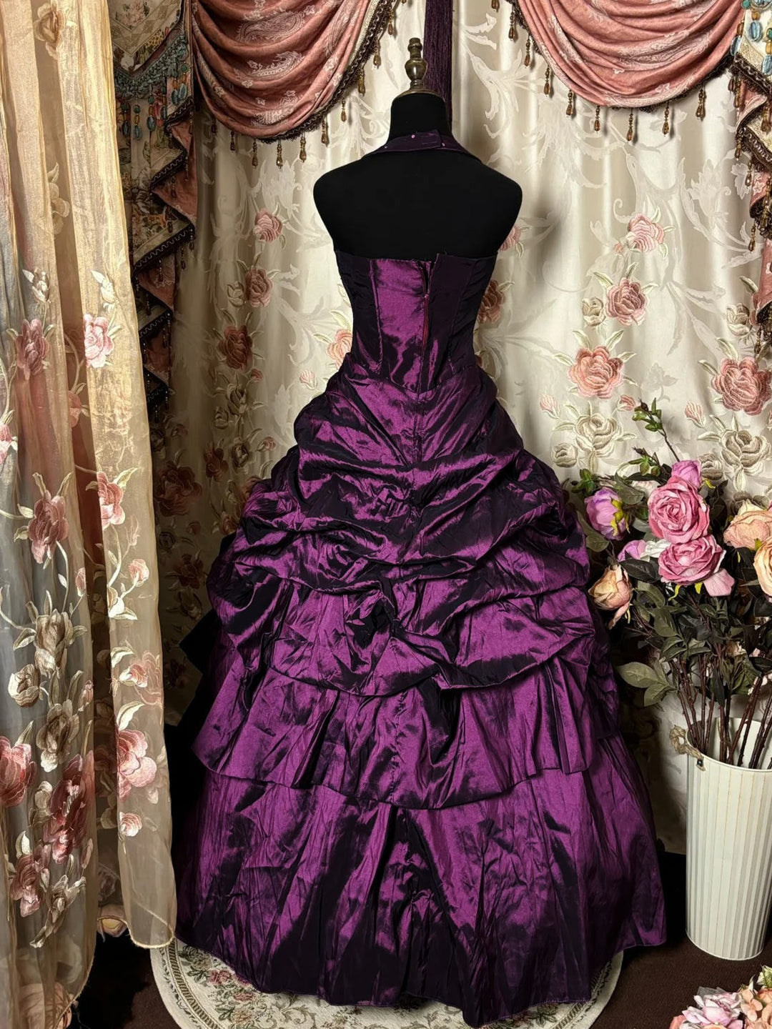 Ball Gown Halter Neck Sleeveless Floor-Length Taffeta Prom Dresses with Ruffles & Hot Diamond