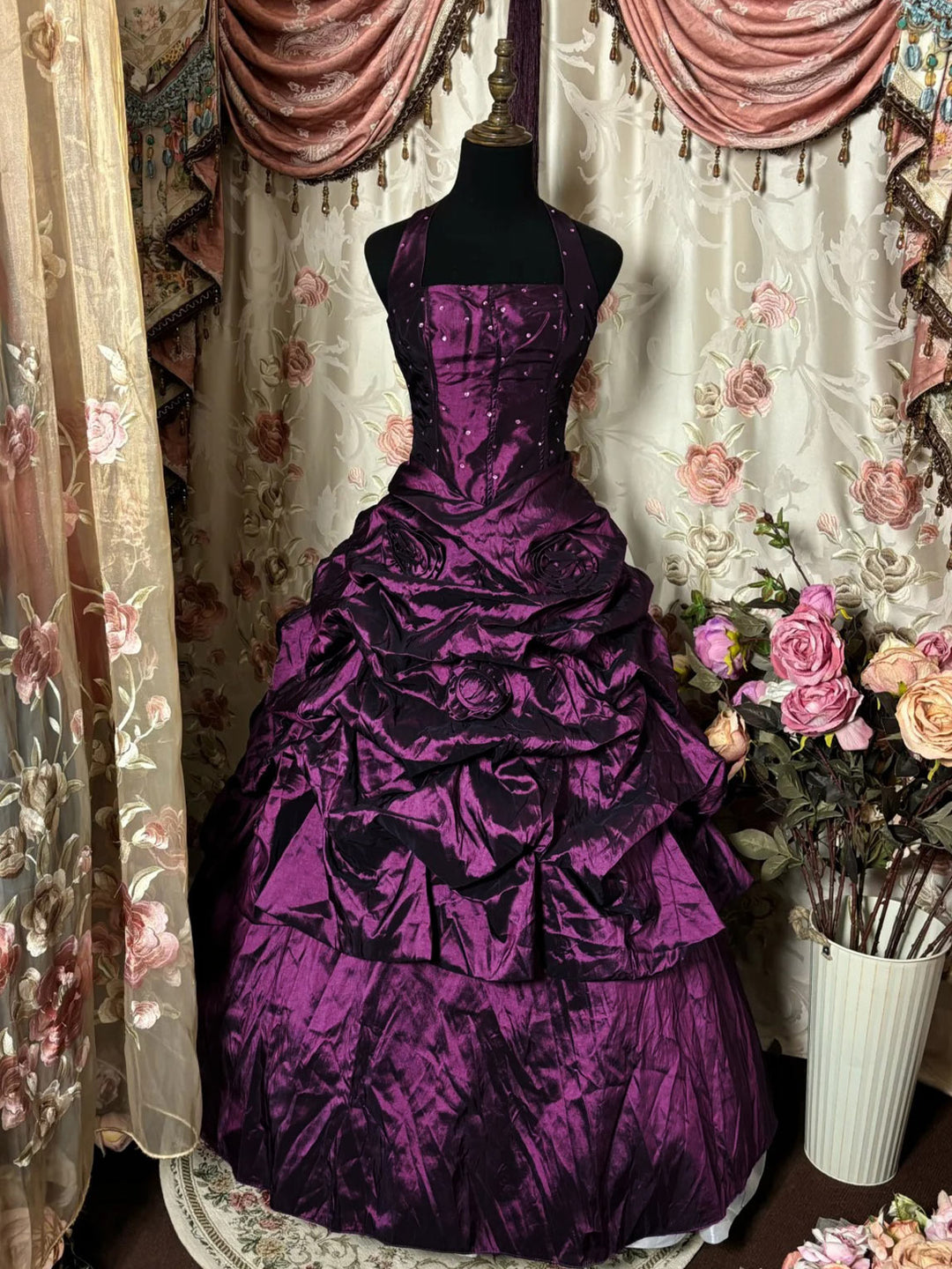 Ball Gown Halter Neck Sleeveless Floor-Length Taffeta Prom Dresses with Ruffles & Hot Diamond