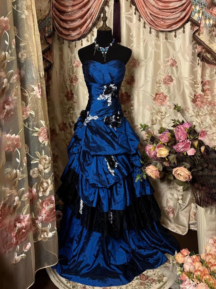A-Line/Princess Sweetheart Sleeveless Floor-Length Taffeta Lace Floral Prom Dresses with Ruffles, Appliques & Flowers