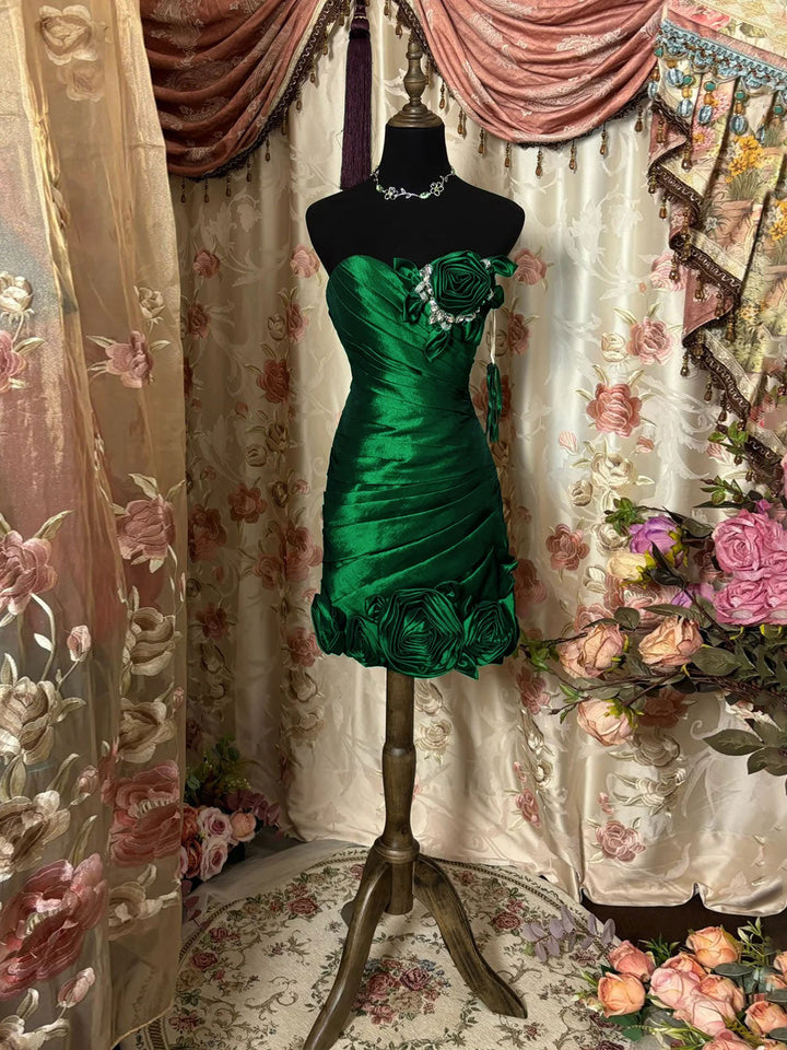 Sheath/Column Sweetheart Sleeveless Short/Mini Taffeta Prom Dresses with Flowers & Ruffles