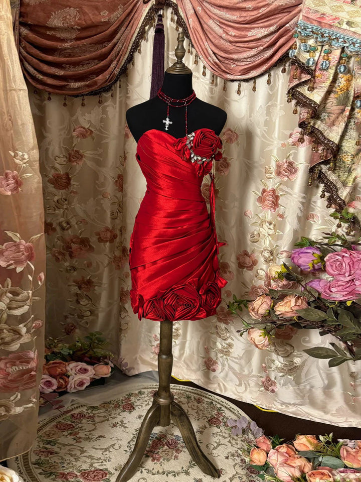 Sheath/Column Sweetheart Sleeveless Short/Mini Taffeta Prom Dresses with Flowers & Ruffles
