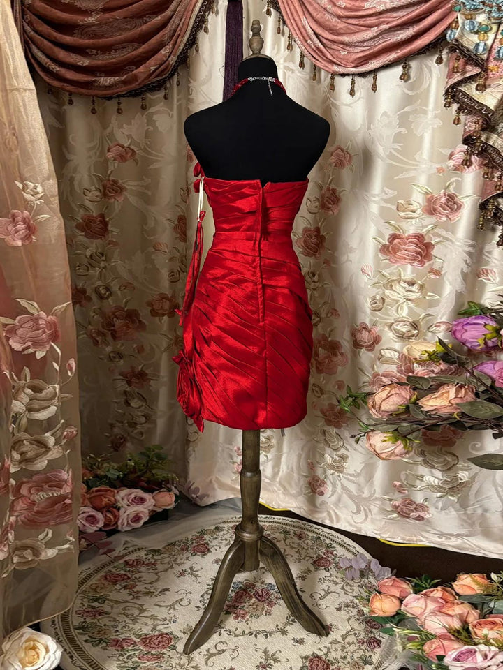 Sheath/Column Sweetheart Sleeveless Short/Mini Taffeta Prom Dresses with Flowers & Ruffles