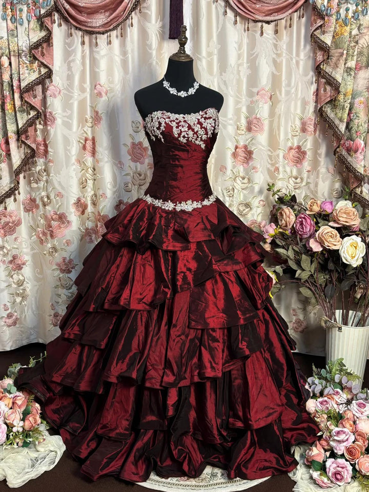 Ball Gown Strapless Neck Sleeveless Floor-Length Taffeta Prom Dresses with Ruffles & Appliques