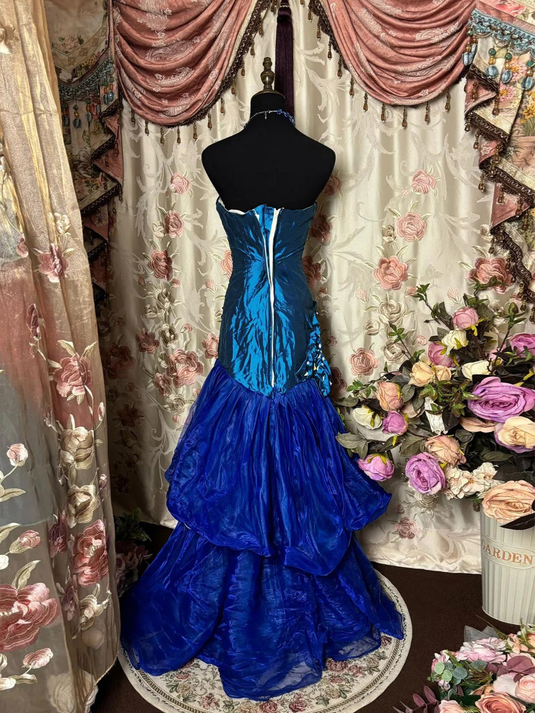 A-Line/Princess Strapless Sleeveless Floor-Length Taffeta Unique Lace Prom Dresses with Ruffles & Flowers