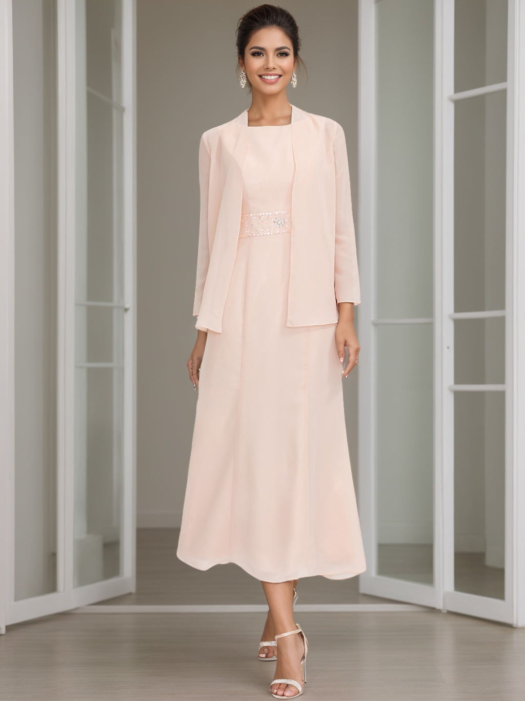Sheath/Column Jewel Neck Tea Length Mother of the Bride Dresses with Jacket & Beading