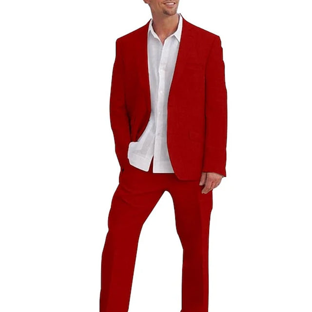 Men's Tailored Fit Single Breasted Two-buttons 2 Pieces Solid Coloured Linen Suits