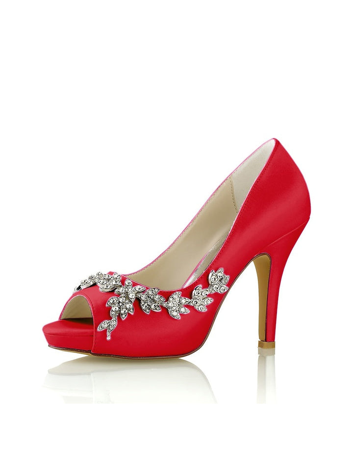 Women's Wedding Shoes Satin High Heel Peep Toe Rhinestone Bridal Shoes