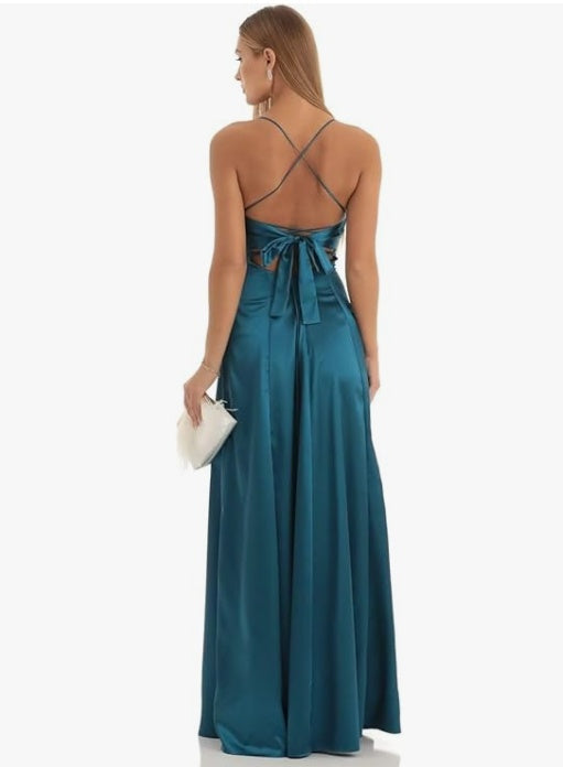 A-Line Spaghetti Straps Sleeveless Floor Length Bridesmaid Dresses Satin With Split Slide