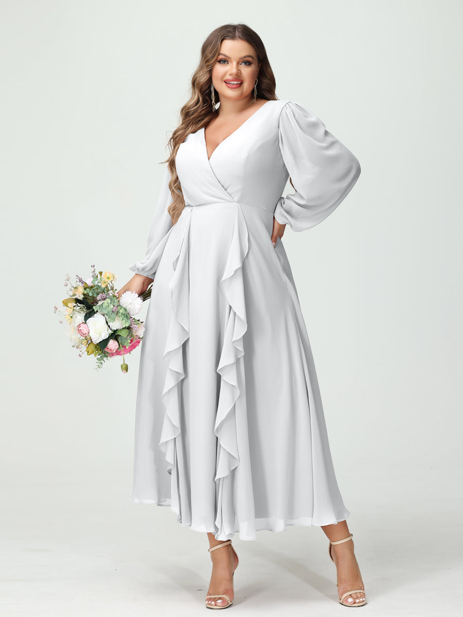 A-Line/Princess/Princess V-Neck Long Sleeves Chiffon Tea-Length Plus Size Bridesmaid Dresses with Pockets & Ruffles