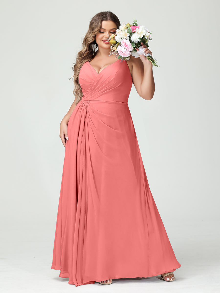 A-Line/Princess/Princess Spaghetti Straps Sleeveless Chiffon Plus Size Bridesmaid Dresses with Pockets & Split Side