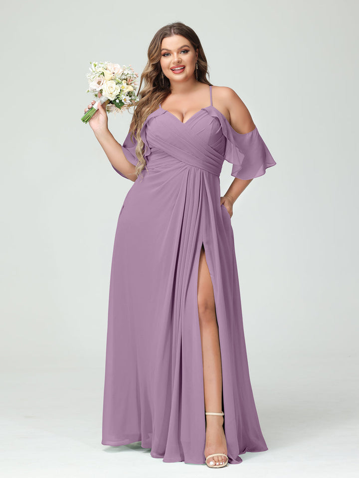 A-Line/Princess/Princess Spaghetti Straps Short Sleeves Chiffon Plus Size Bridesmaid Dresses with Pockets,Ruched Split Side