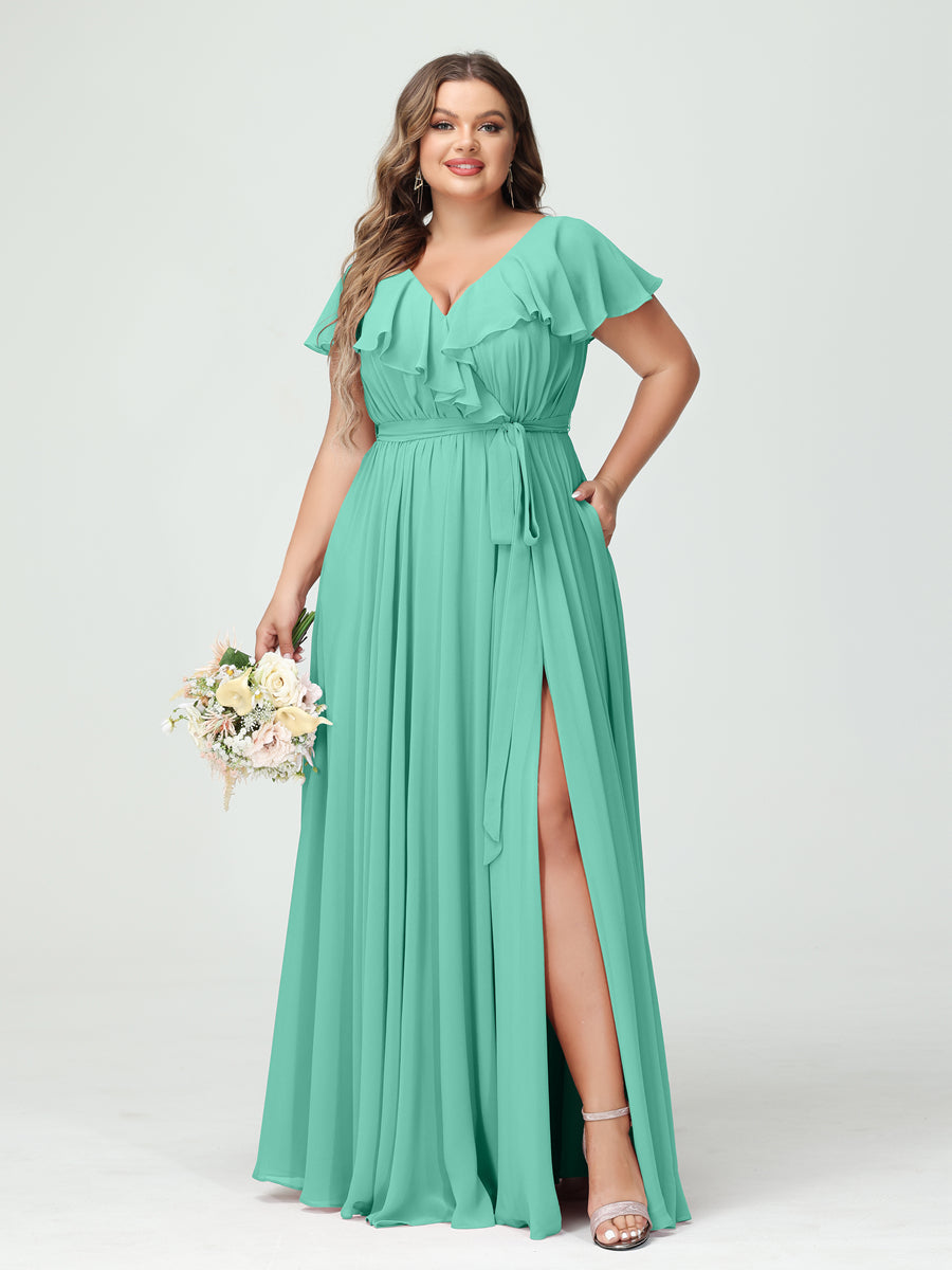 A-Line/Princess/Princess V-Neck Short Sleeves Chiffon Plus Size Bridesmaid Dresses With Pockets,Ruffles  ,Ruched & Split Side